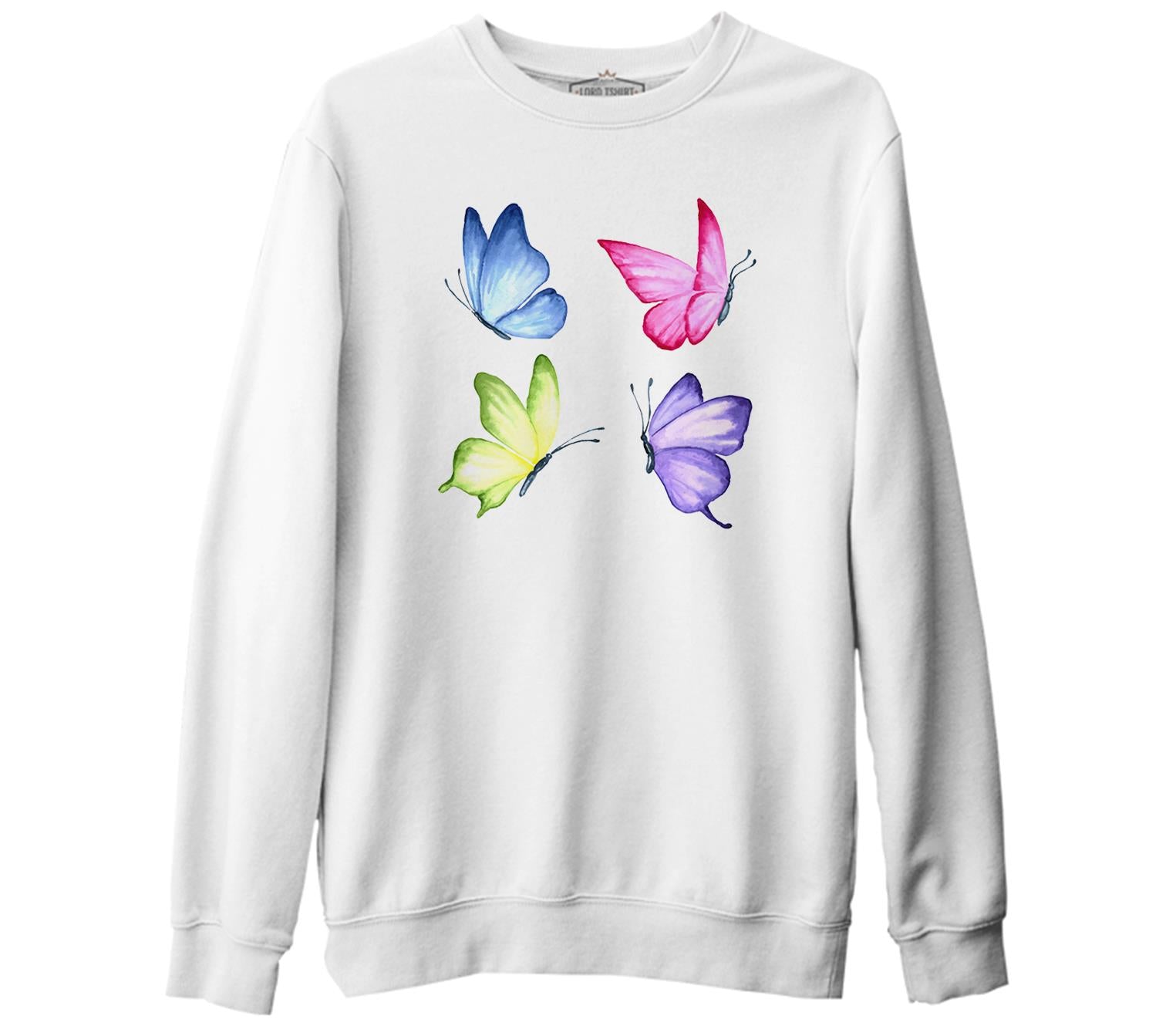 Renkli Kelebekler Beyaz Kalın Sweatshirt