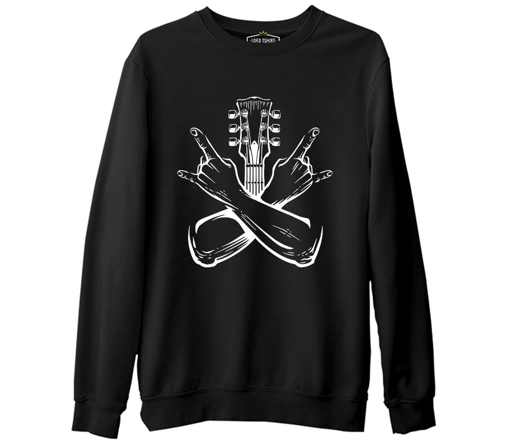 Rock Sign Hands and the Guitar Siyah Erkek Kalın Sweatshirt