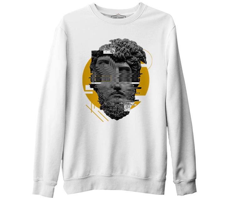 Sculpture Head in Wavy Style Beyaz Erkek Kalın Sweatshirt