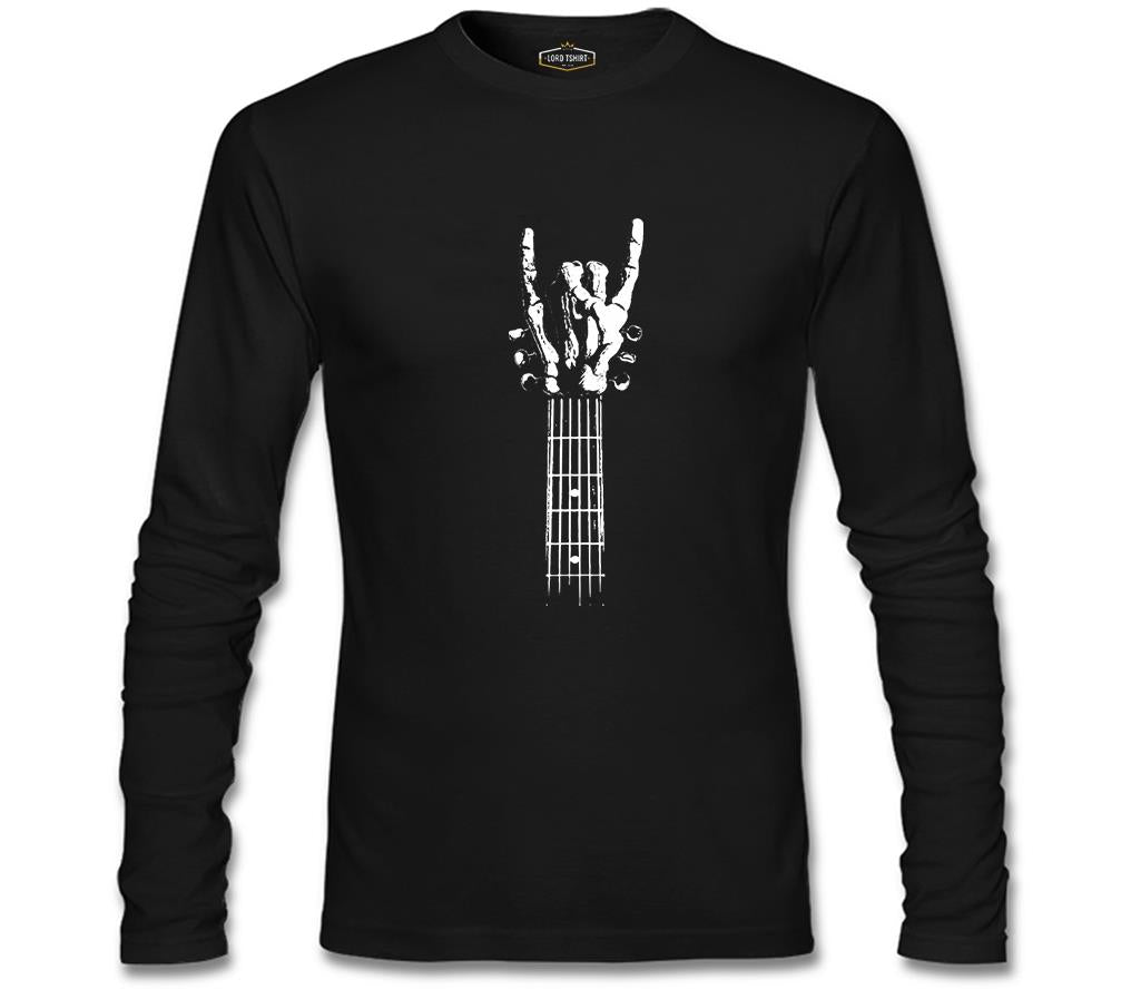 Skeleton Hand Doing Rock Sign on Guitar Siyah Erkek Sweatshirt