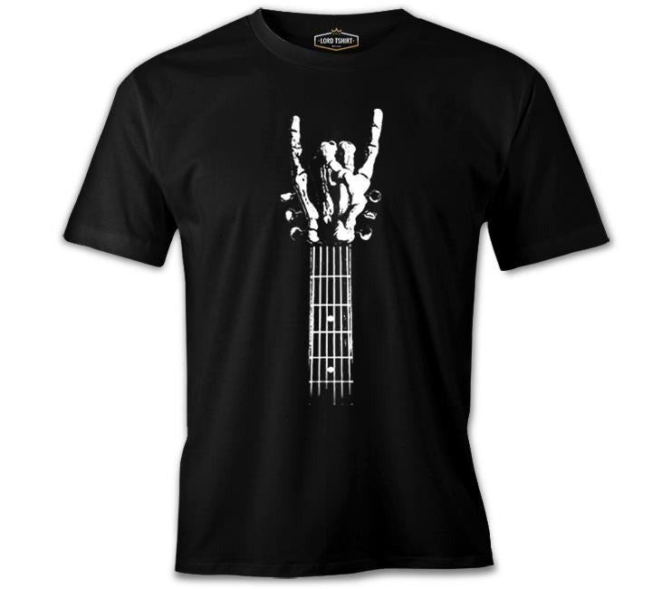 Skeleton Hand Doing Rock Sign on Guitar Black Men's Tshirt