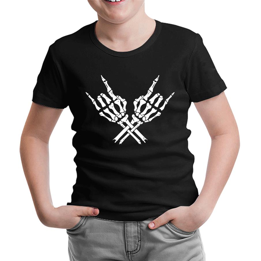 Skeleton Hands Doing Rock Gesture Siyah Çocuk Tshirt