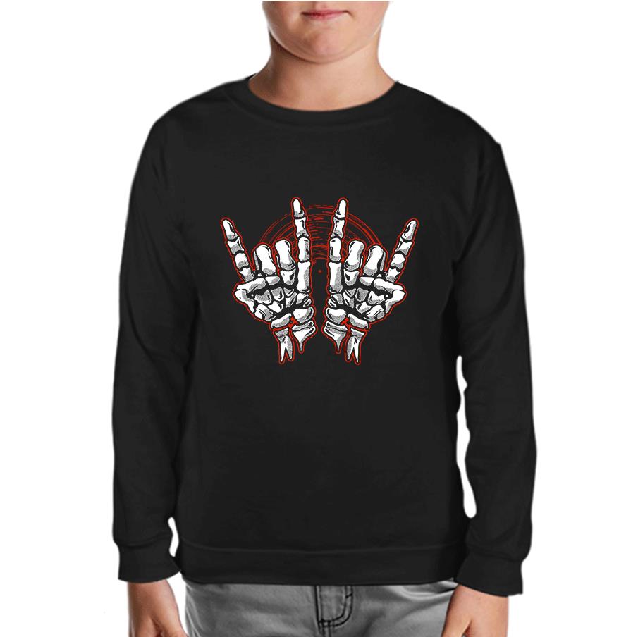 Skeleton Hands Making Rock Sign Black Kids Sweatshirt 