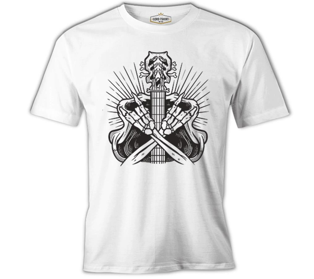 Skeleton Silhouette Making Rock Sign Beyaz Erkek Tshirt