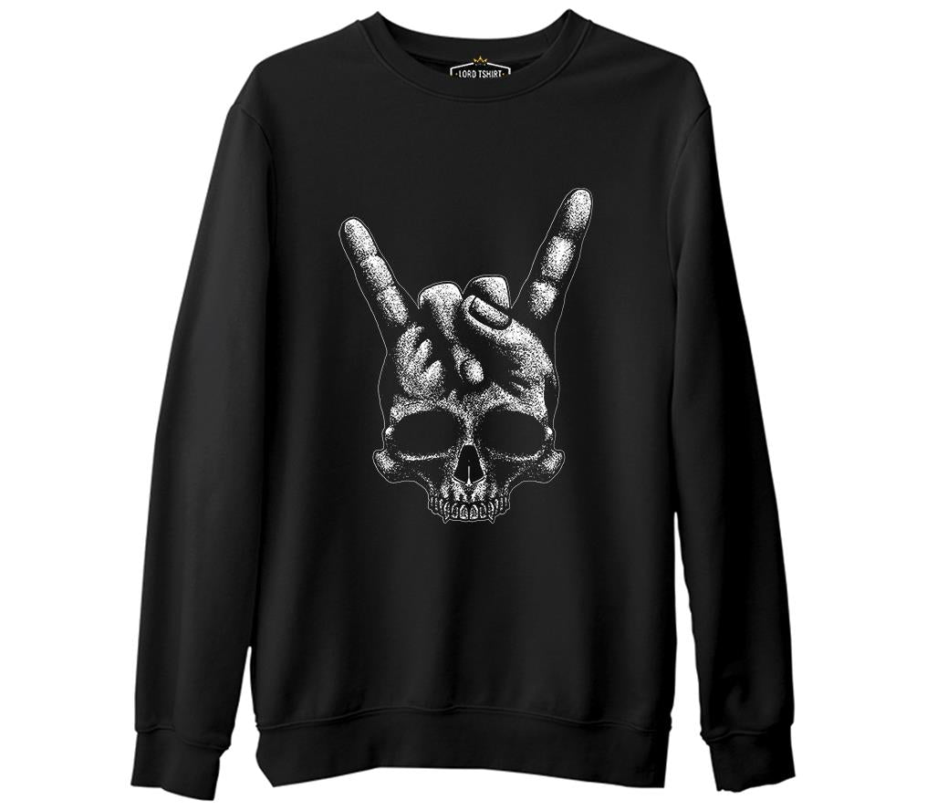 Skull Hand Making Rock Sign Siyah Erkek Kalın Sweatshirt