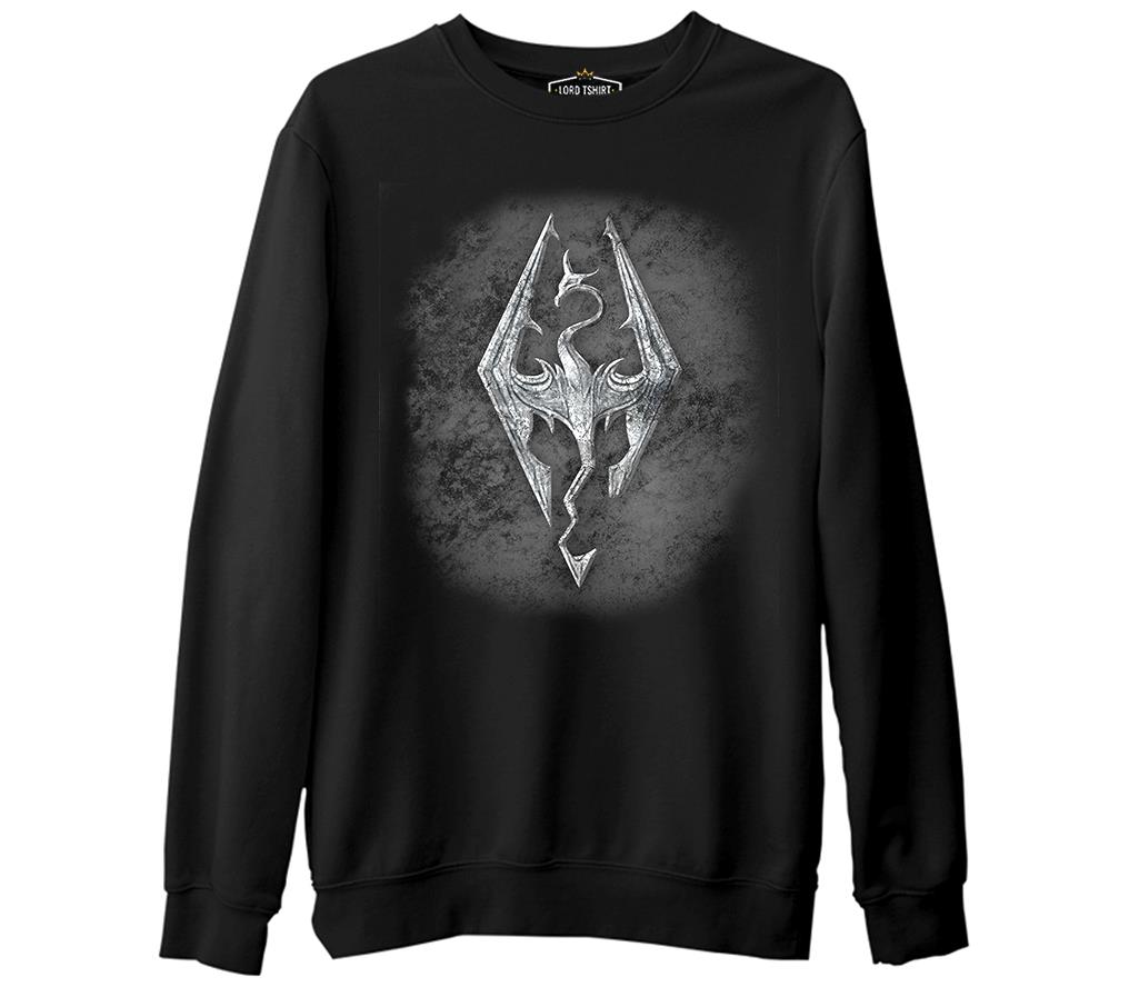 Skyrim - Dragon  Siyah Erkek Kalın Sweatshirt