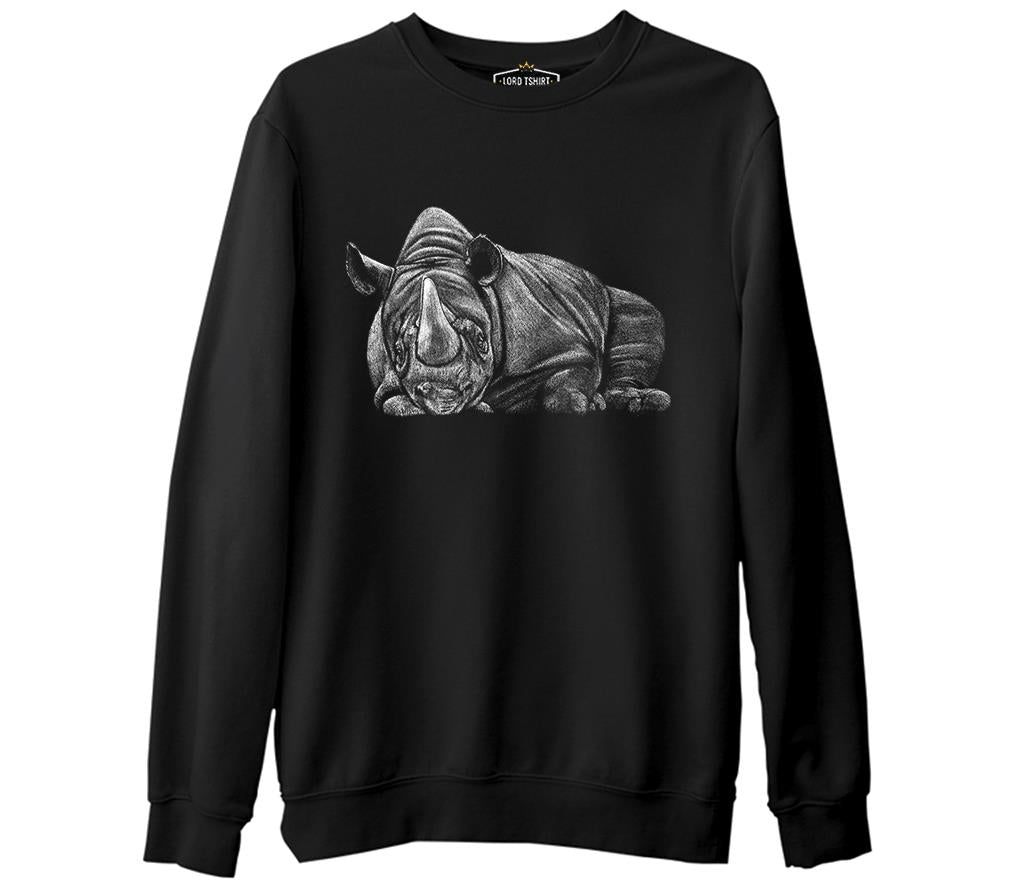 Sleeping Rhinoceros Realistic Siyah Erkek Kalın Sweatshirt