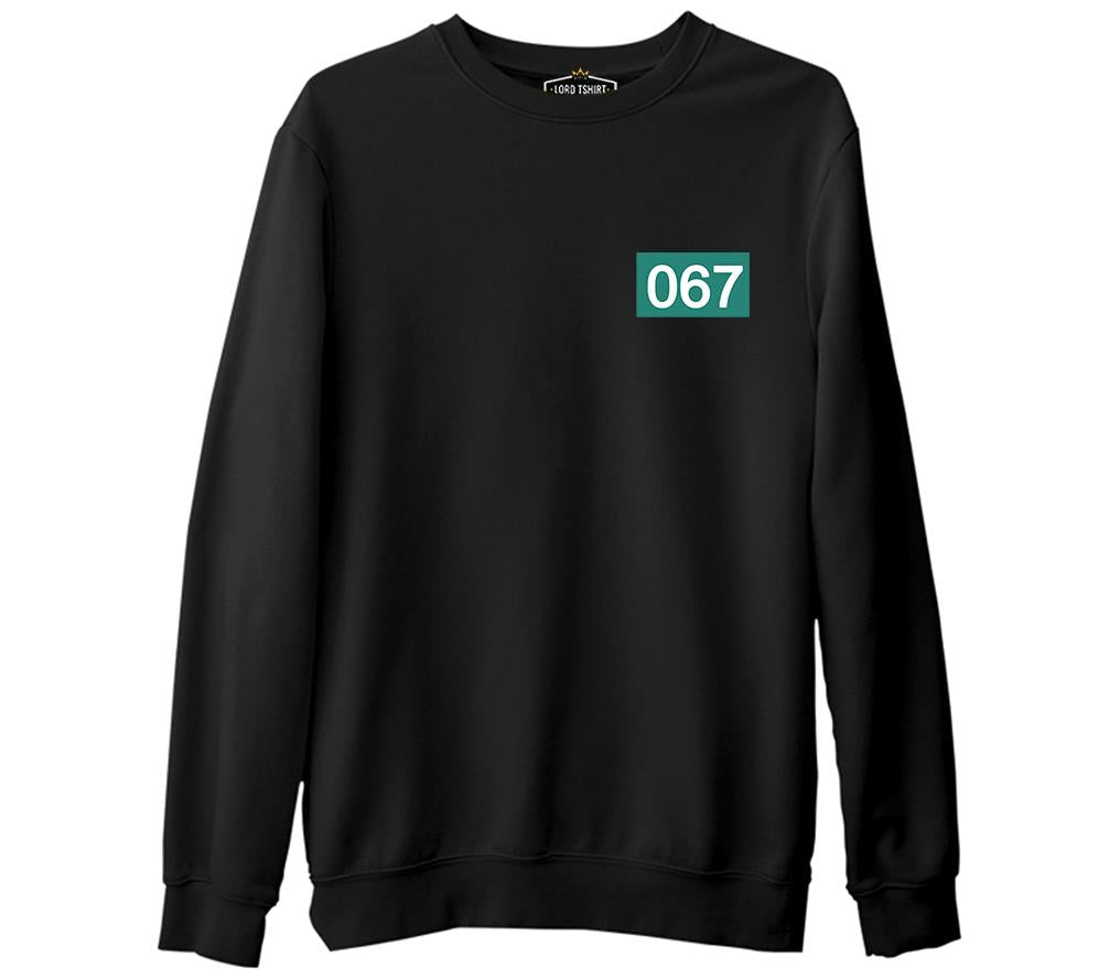 Squid Game-Number 067 Göğüs Logo Siyah Erkek Kalın Sweatshirt