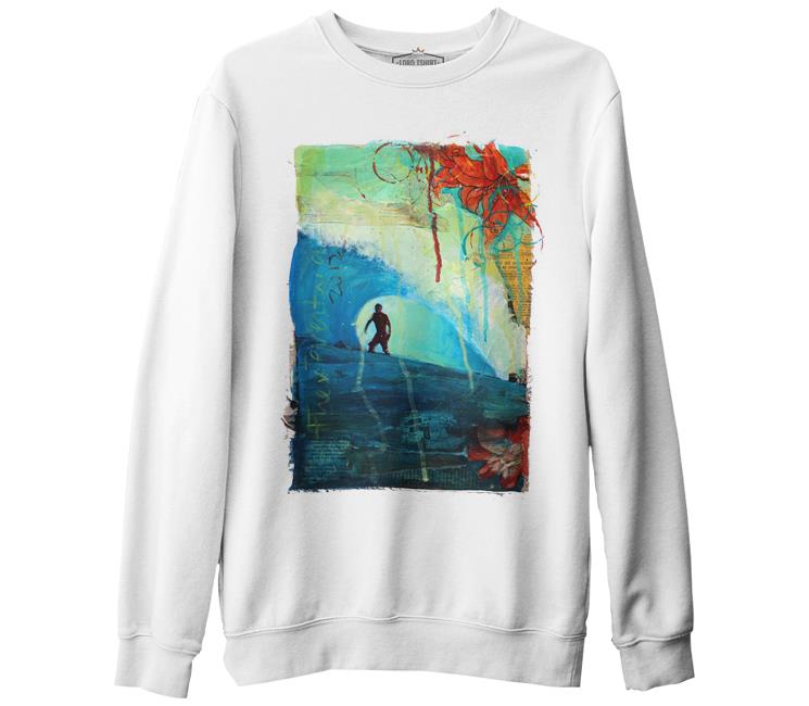 Summer - Surf ve Dalgalar Beyaz Erkek Kalın Sweatshirt