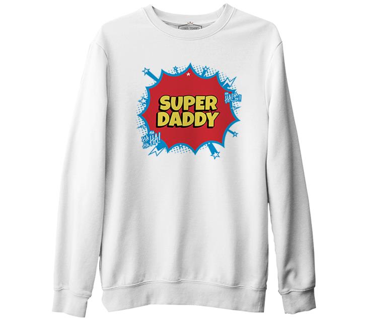 Super Daddy Hahaha Logo Beyaz Erkek Kalın Sweatshirt