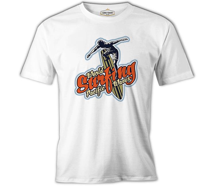 Surf Board Surfing Pacific Waves Beyaz Erkek Tshirt