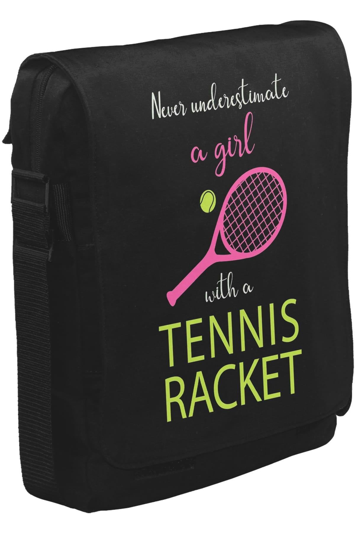 Tenis - Kız Pembe Raket Unisex Siyah Postacı Çanta