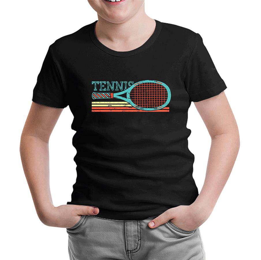 Tennis - Racket Horizontal Black Kids Tshirt