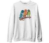 Three Colorful Birds Talking Beyaz Erkek Kalın Sweatshirt