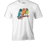 Three Colorful Birds Talking Beyaz Erkek Tshirt