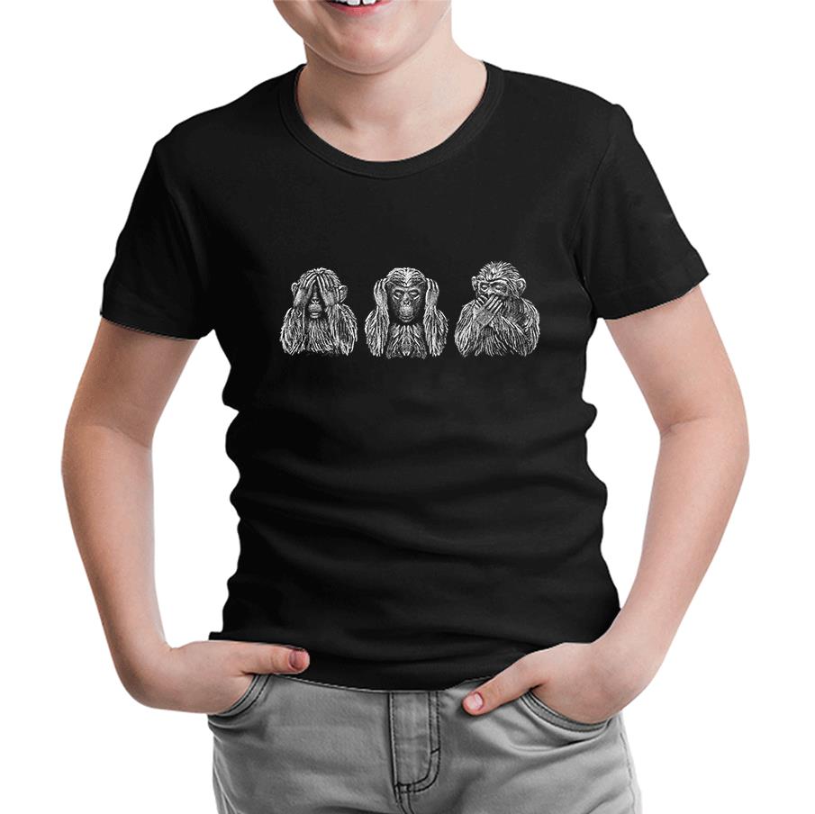 Three Monkeys Realistic Siyah Çocuk Tshirt