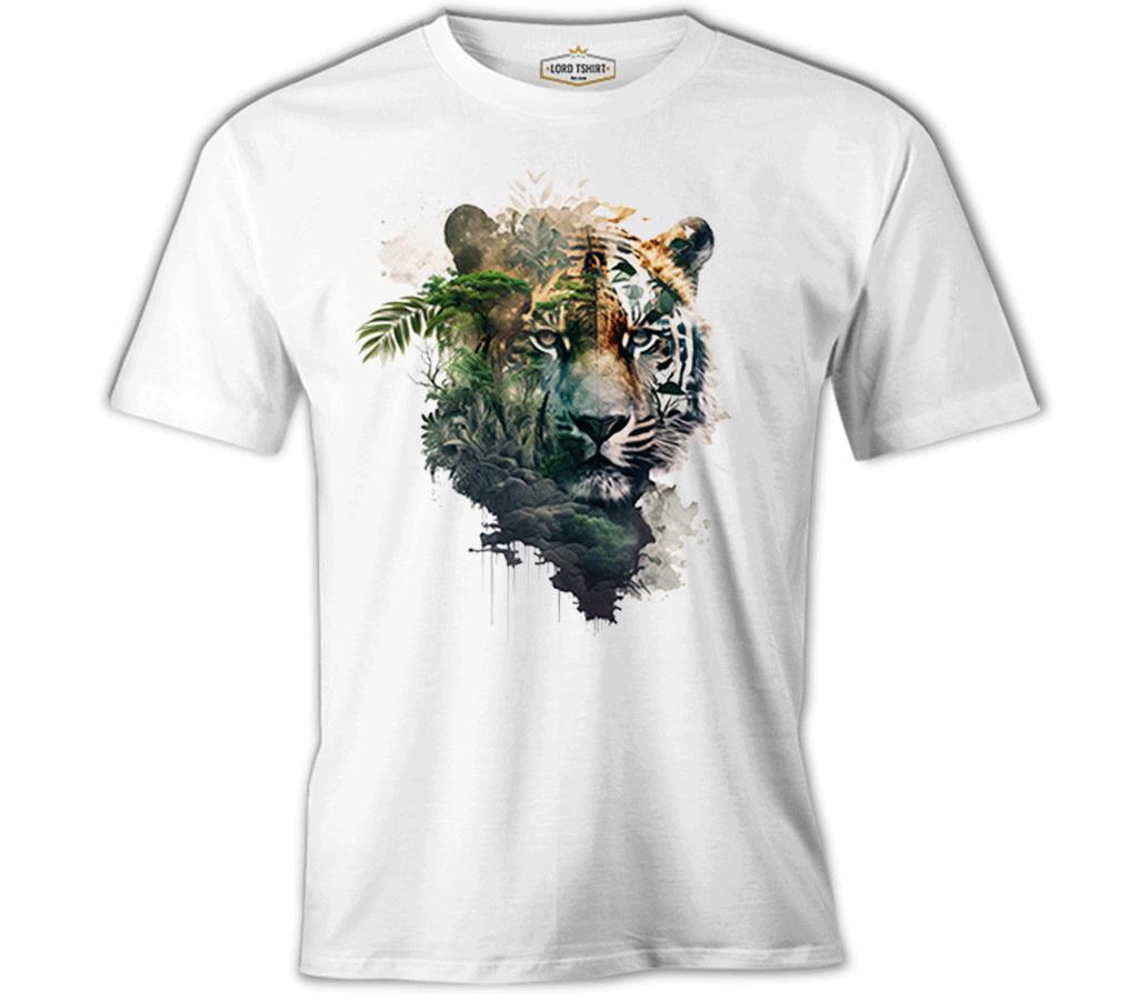 Tiger Head with Jungle Exposure Beyaz Erkek Tshirt