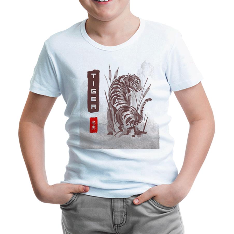 Tiger Illustration in Chinese Style White Kids Tshirt