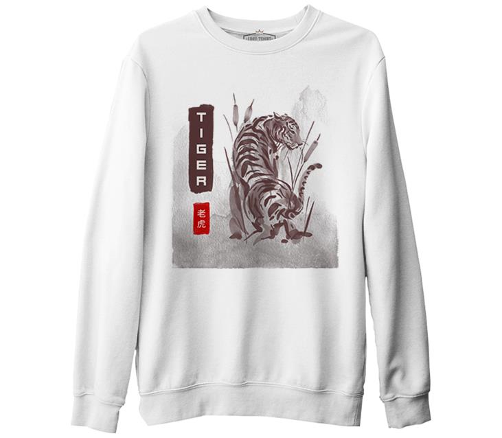 Tiger Illustration in Chinese Style Beyaz Erkek Kalın Sweatshirt