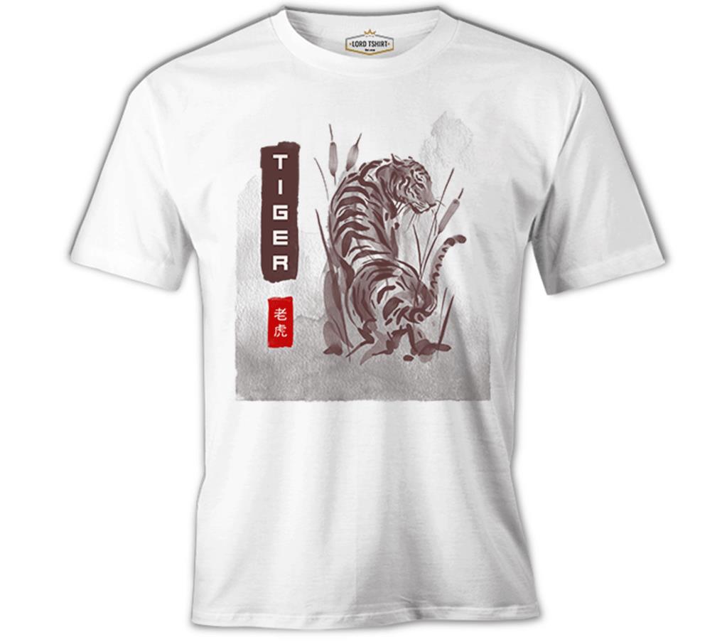 Tiger Illustration in Chinese Style Beyaz Erkek Tshirt