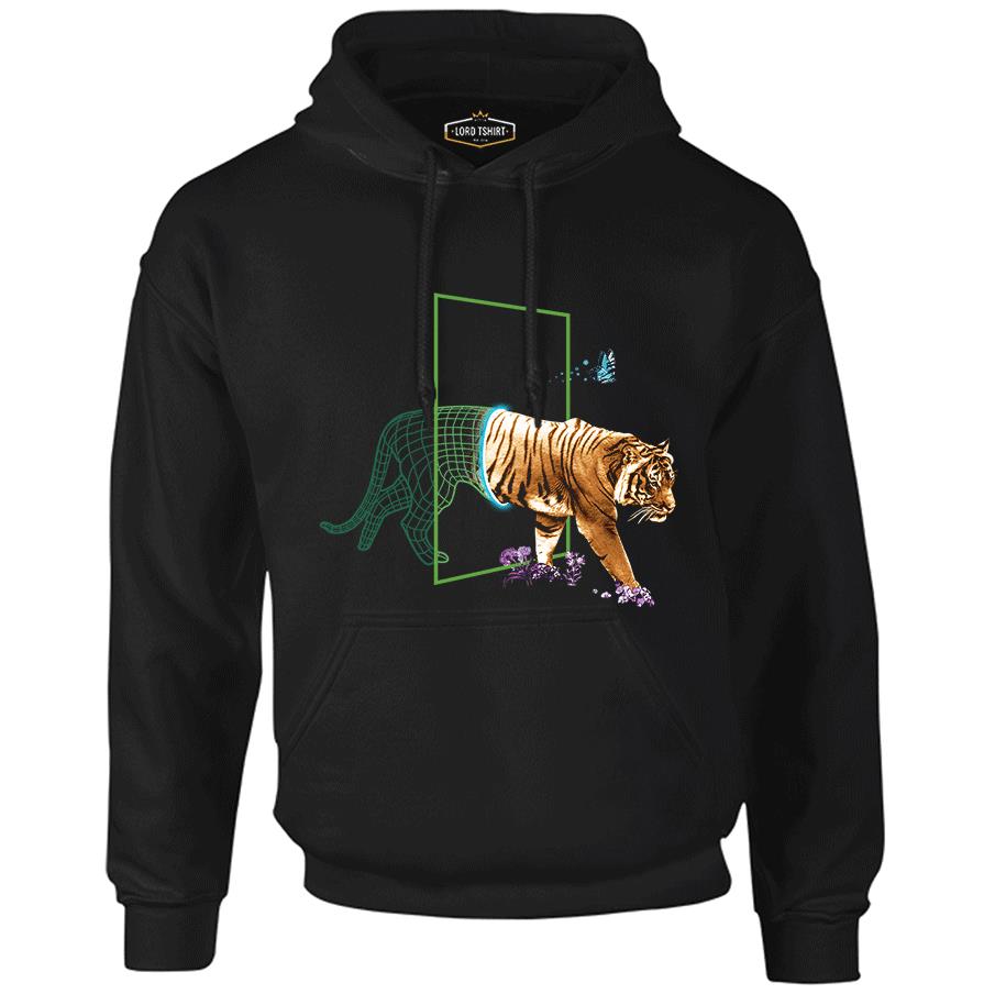 Tiger Leaving Digital World Siyah Erkek Fermuarsız Kapşonlu