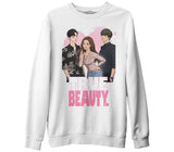 True Beauty - Kalp Beyaz Erkek Kalın Sweatshirt