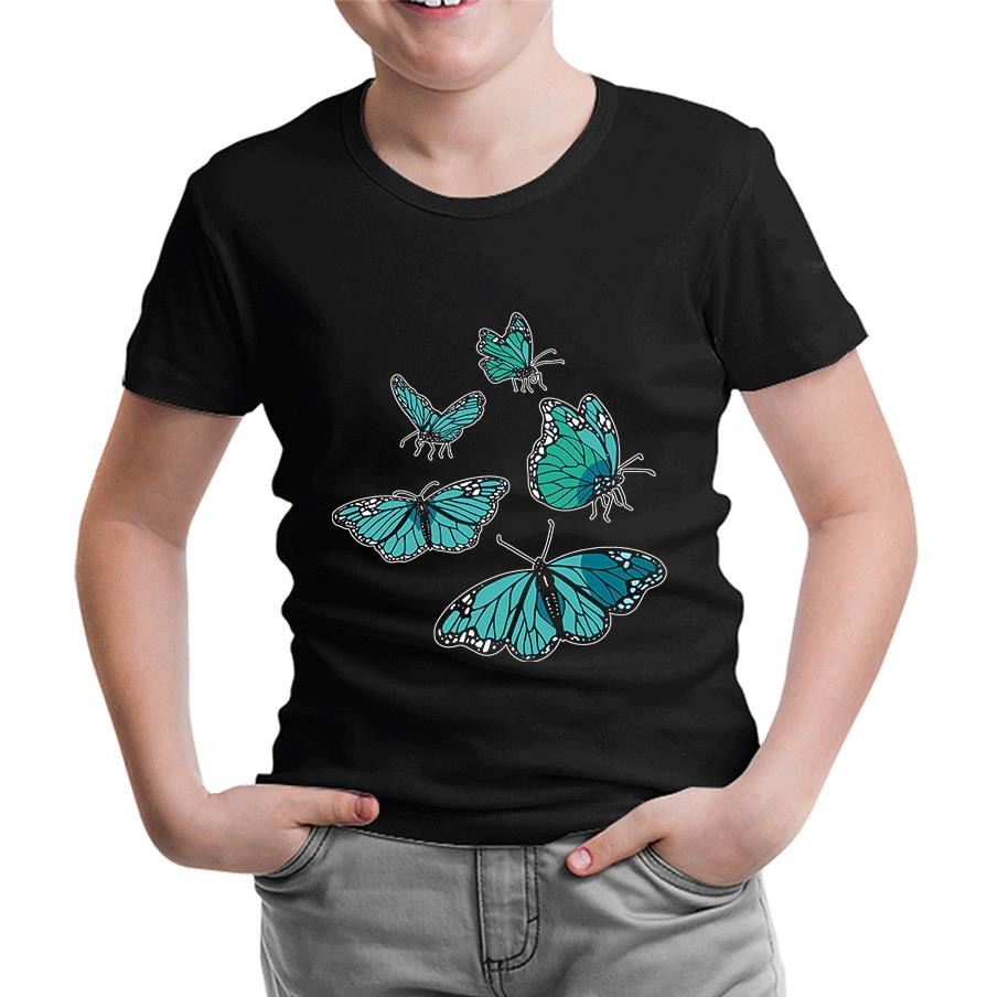 Turquoise Butterflies Siyah Çocuk Tshirt