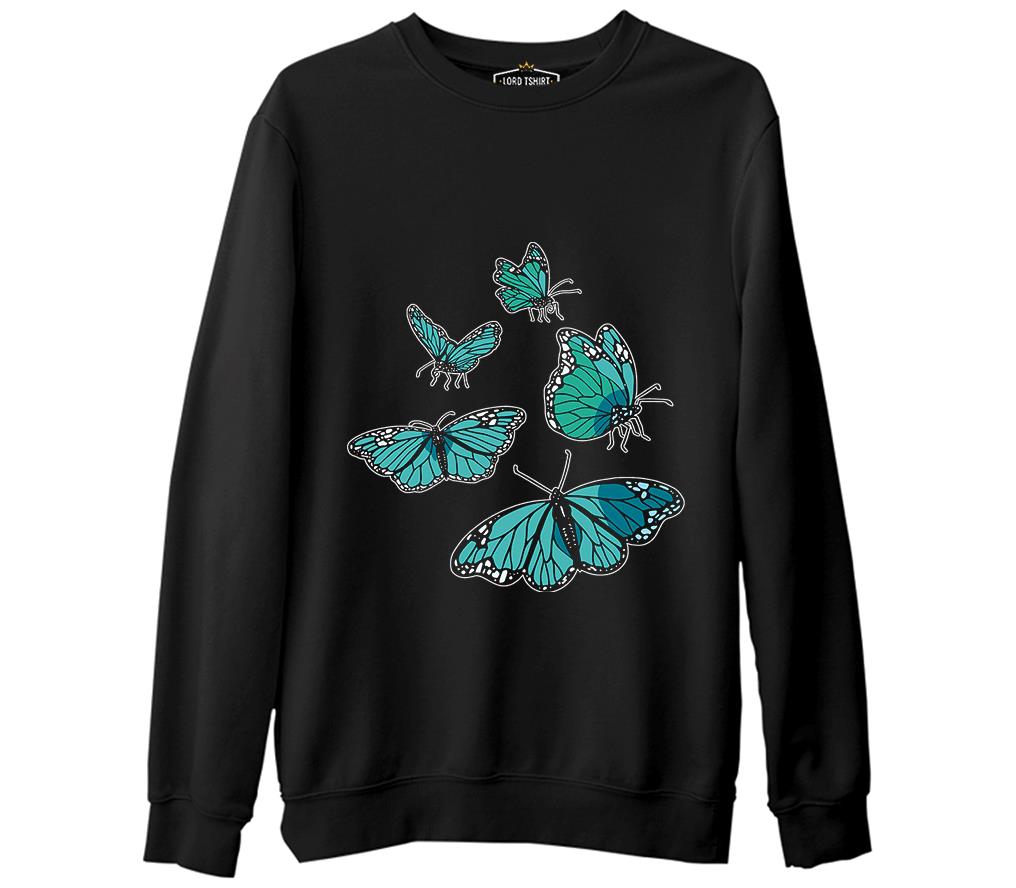 Turquoise Butterflies Siyah Erkek Kalın Sweatshirt