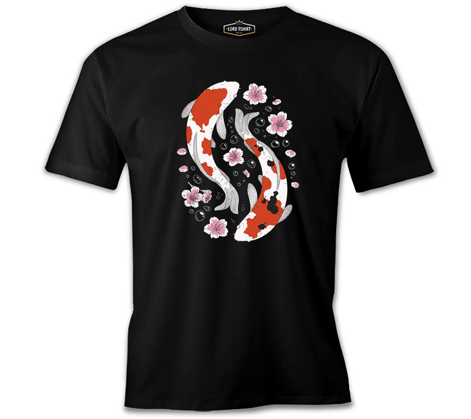 Two Koi Fish Swimming Among Flowers Black Men's Tshirt 