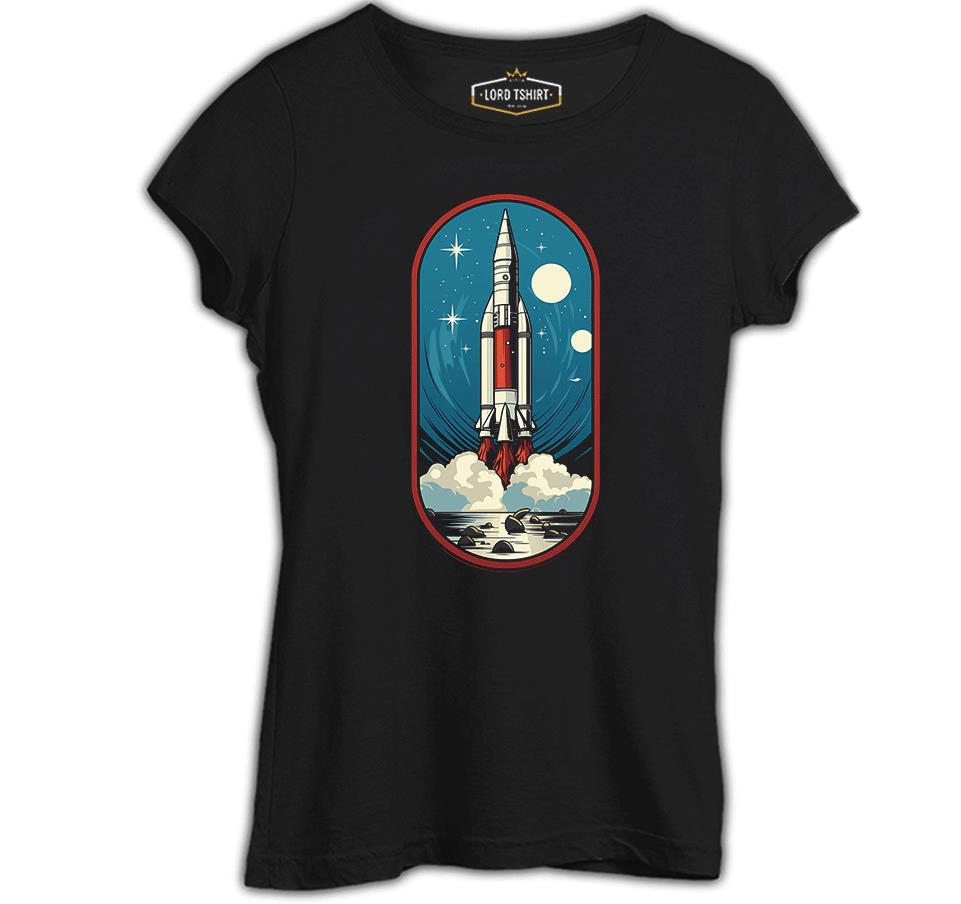 Travel to Space Rocket Takeoff Printed Black Women's Tshirt 