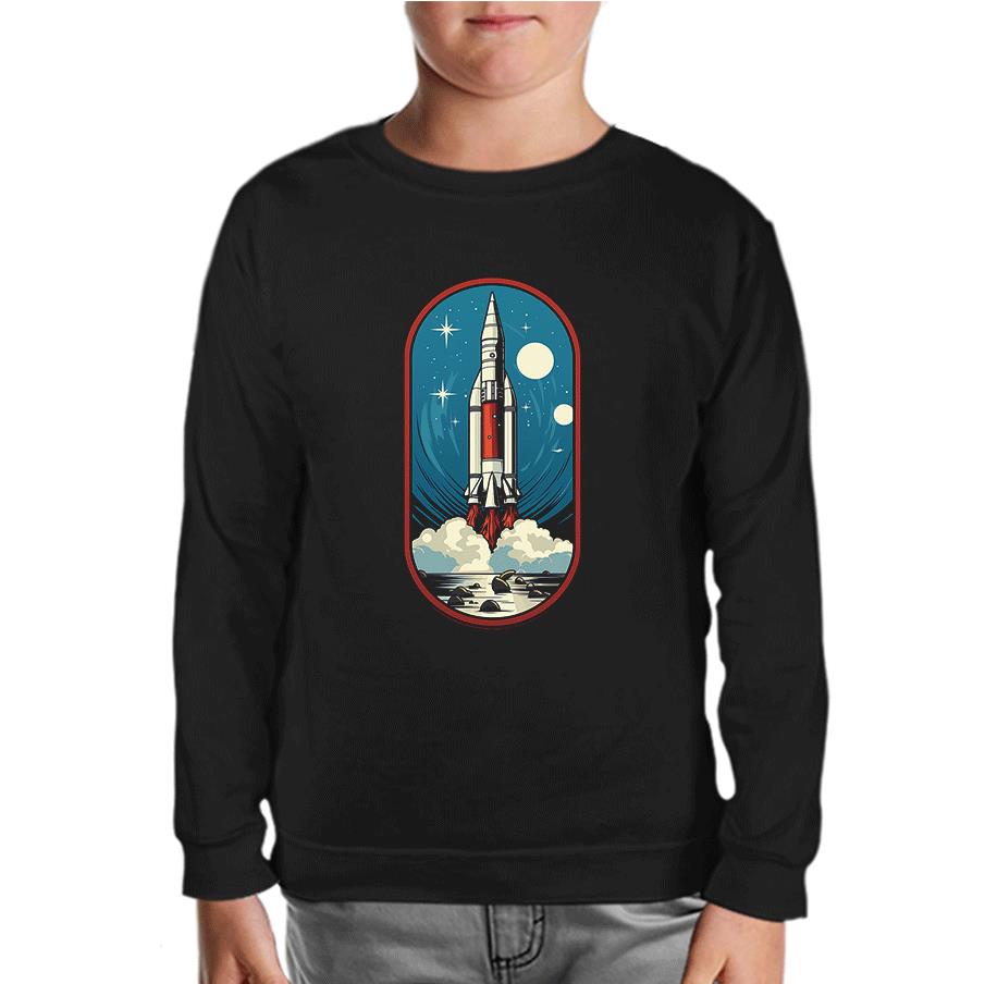 Travel to Space Rocket Takeoff Printed Black Kids Sweatshirt 