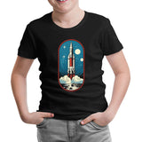 Travel to Space Rocket Takeoff Printed Black Kids Tshirt 