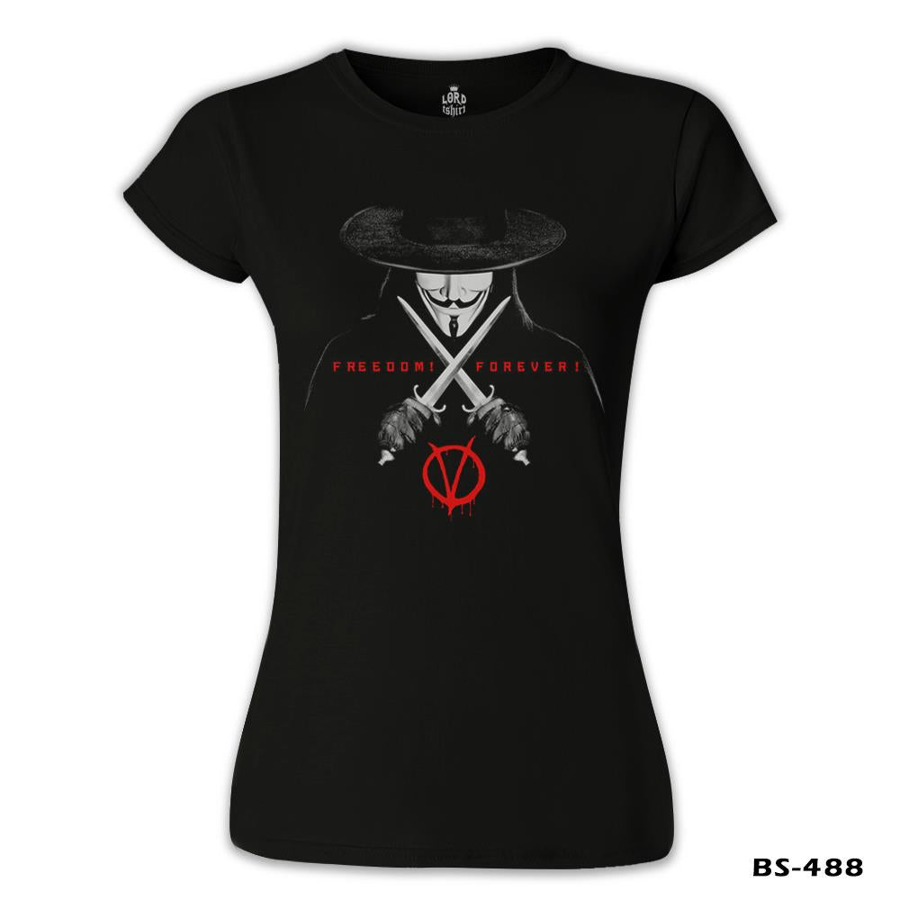 V for Vendetta - Freedom Siyah Kadın Tshirt