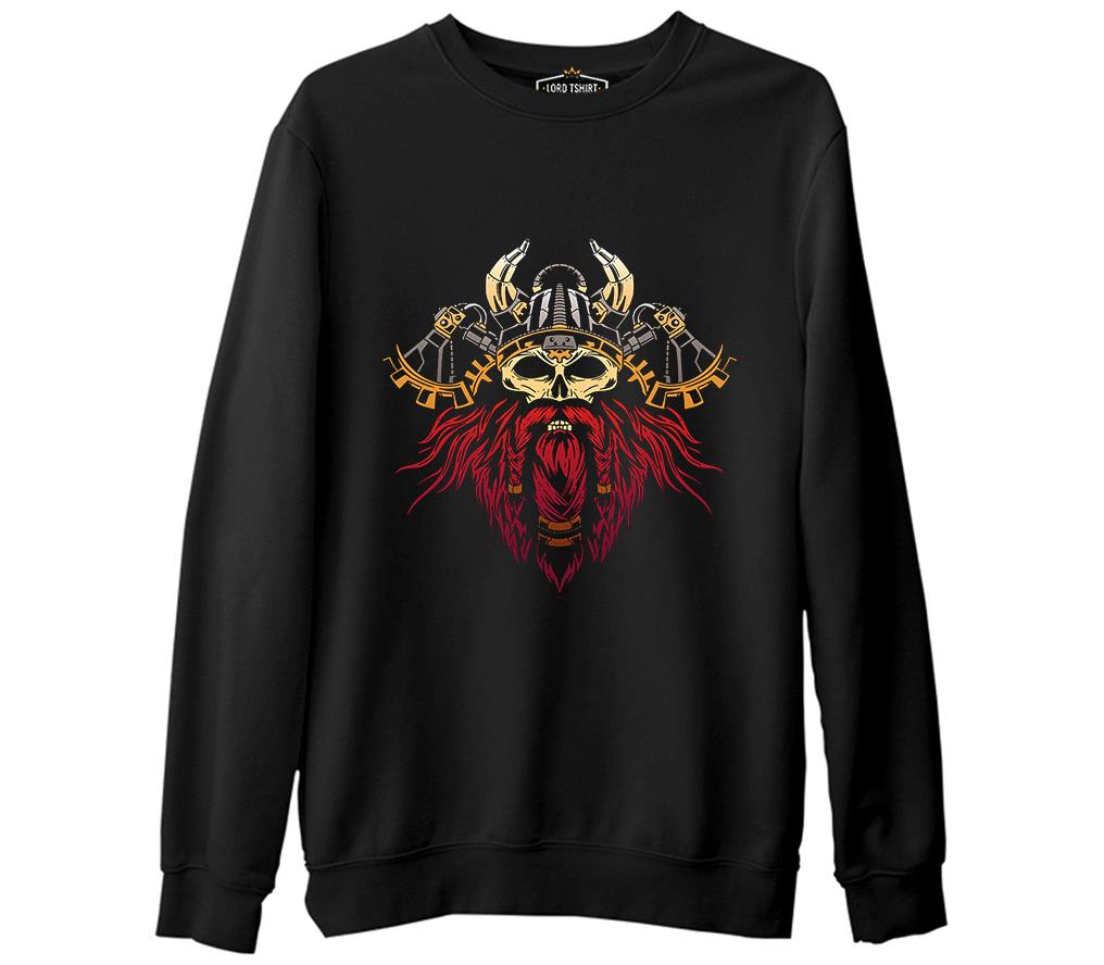 Viking Skull and His Axes Siyah Erkek Kalın Sweatshirt