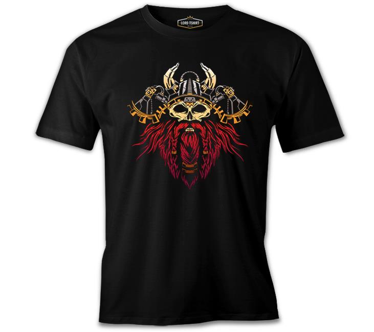 Viking Skull and His Axes Siyah Erkek Tshirt