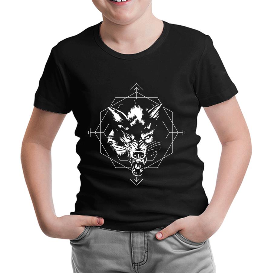 Wild Wolf Head in an Octagon Shape Siyah Çocuk Tshirt