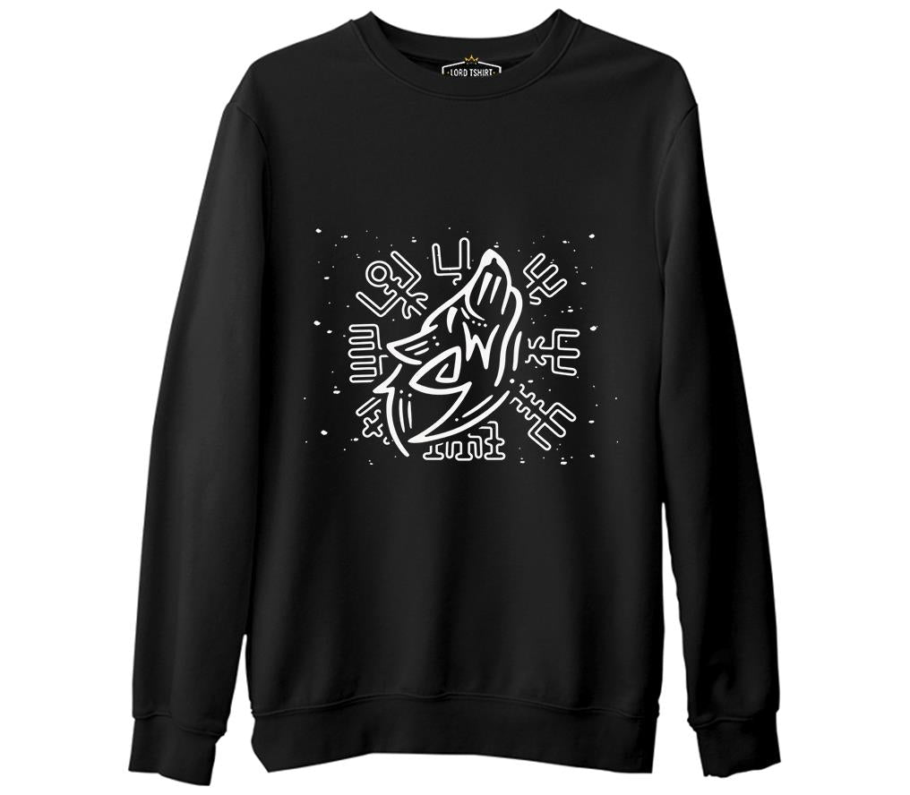 Wolf Howling and Viking Knots Siyah Erkek Kalın Sweatshirt