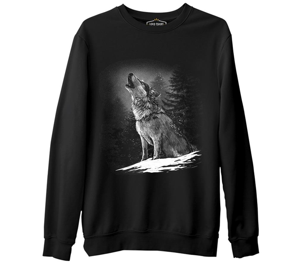 Wolf Howling at the Moon Realistic Siyah Erkek Kalın Sweatshirt