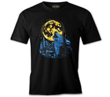 Wolf Howling in a Blue Forest with a Golden Moon Black Men's Tshirt