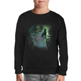 Wolf Howling in a Green Light Forest Black Kids Sweatshirt