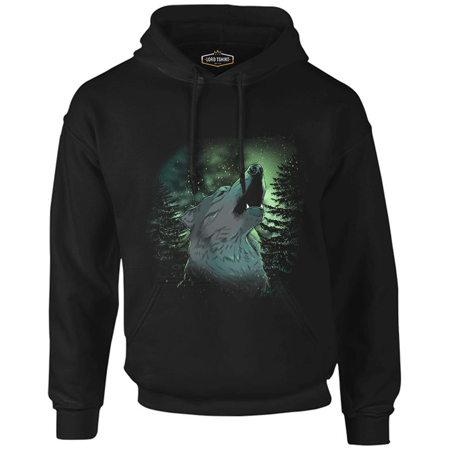 Wolf Howling in a Green Light Forest Siyah Erkek Fermuarsız Kapşonlu