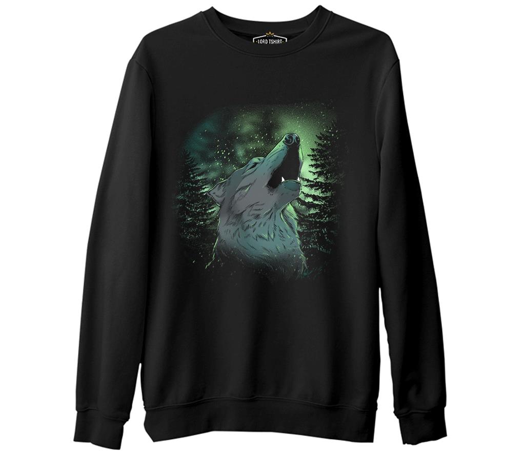 Wolf Howling in a Green Light Forest Siyah Erkek Kalın Sweatshirt