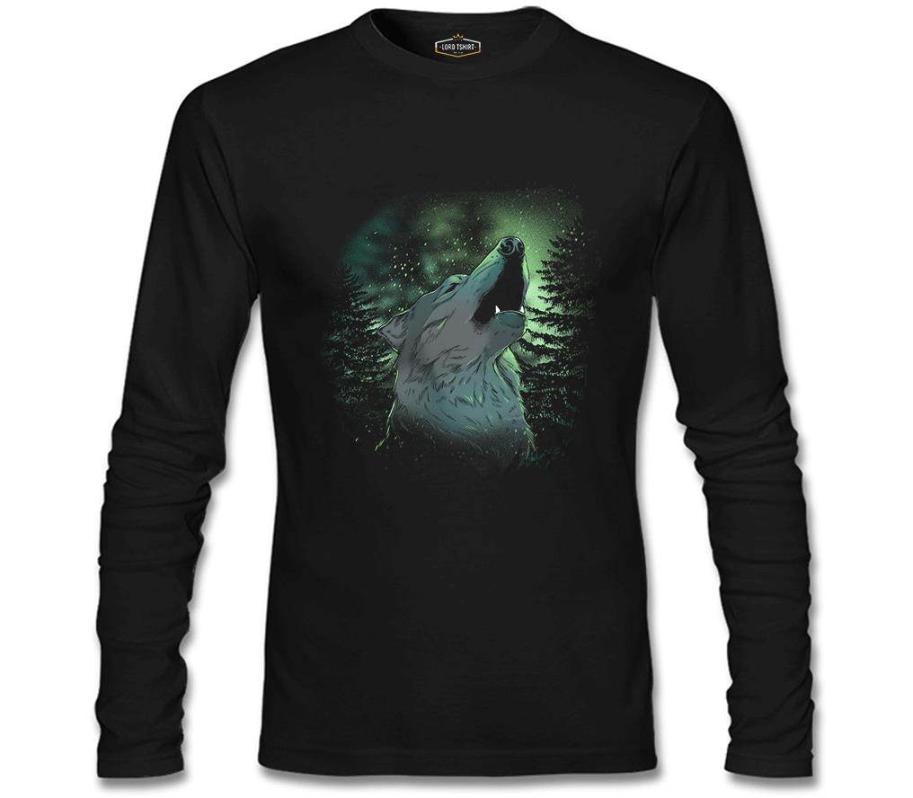 Wolf Howling in a Green Light Forest Black Men's Sweatshirt