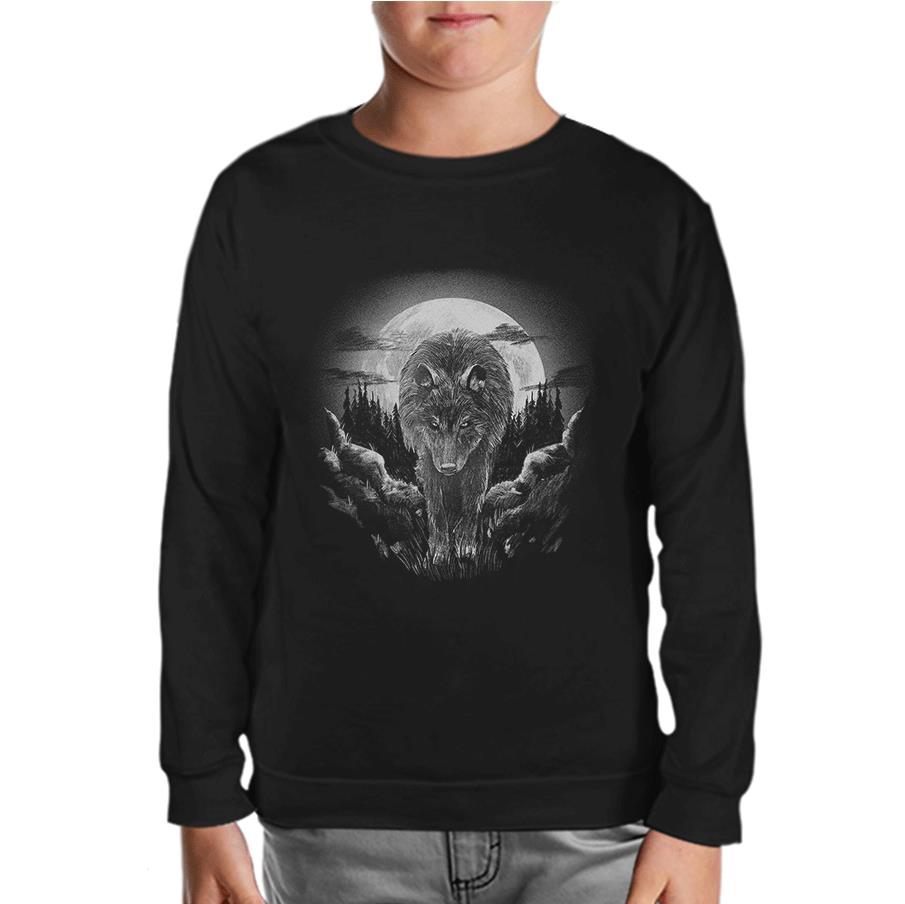 Wolf Walking in the Moonlight Siyah Çocuk Sweatshirt