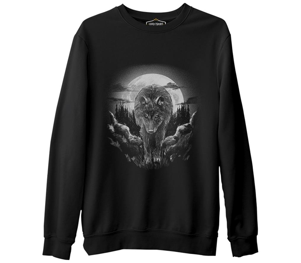 Wolf Walking in the Moonlight Siyah Erkek Kalın Sweatshirt