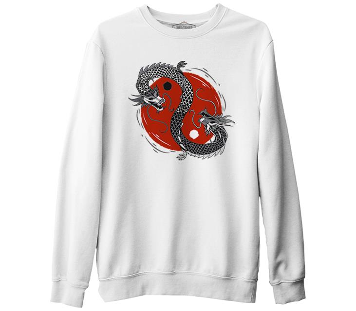 Yin Yan Illustration with Two Dragons Beyaz Erkek Kalın Sweatshirt