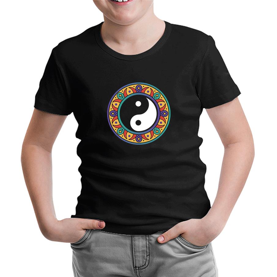 Yin Yan Symbol in the Middle of Mandala Design Siyah Çocuk Tshirt