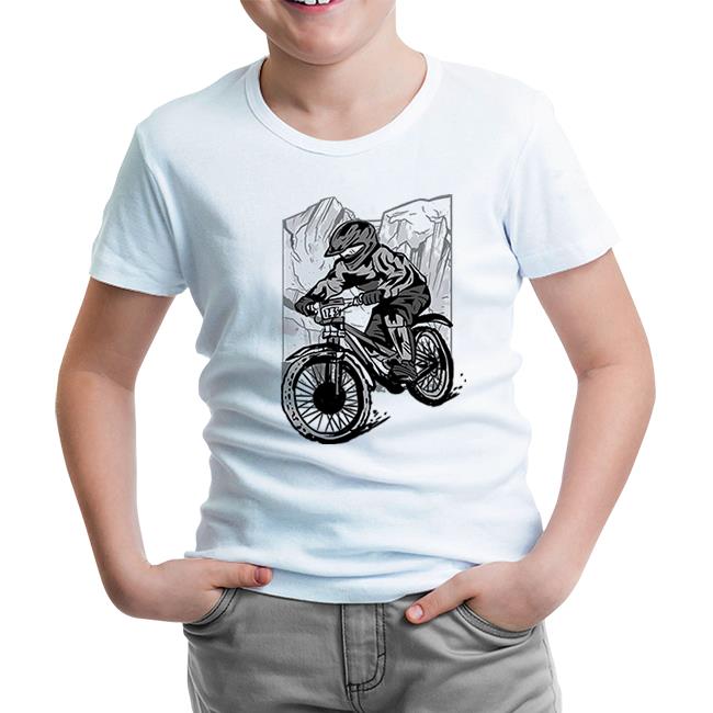 A Biker Riding in Front of the Mountains Beyaz Çocuk Tshirt - Lord Tshirt