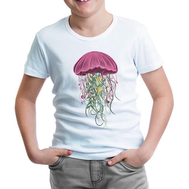 A Jellyfish with Floral Plant Tentacles Beyaz Çocuk Tshirt - Lord Tshirt